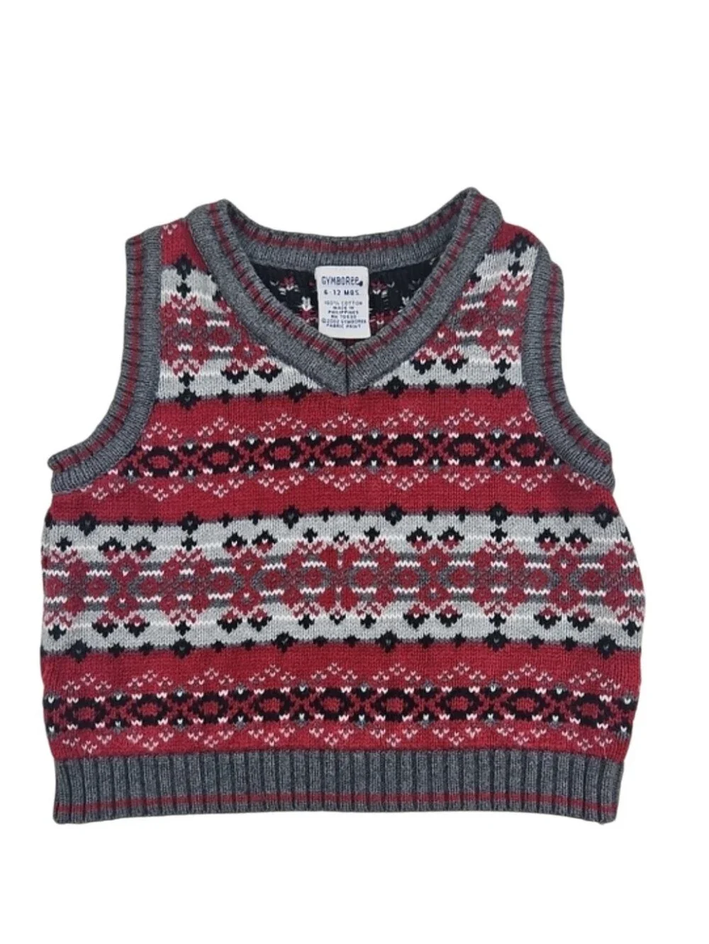 Gymboree Baby Boys 6-12 Mos Red & Gray Fair Isle Knit Vest 100% Cotton Vintage